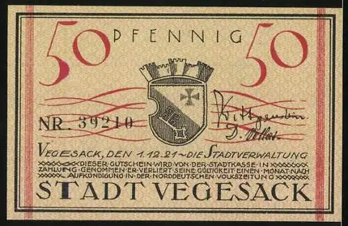 Notgeld Vegesack 1921, 50 Pfennig, Abbildung einer Kirche und Stadtwappen
