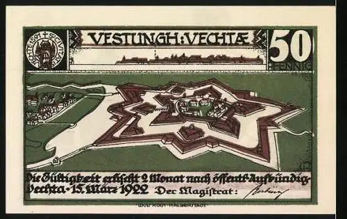 Notgeld Vechta, 1922, 50 Pfennig, Festung Vechta und Silhouetten von Soldaten mit Hund