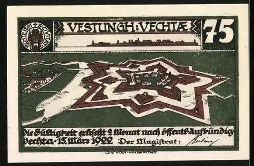 Notgeld Vechta, 1922, 75 Pfennig, Festung Vechta mit Hund und Inschrift