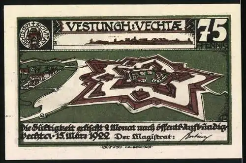 Notgeld Vechta 1922, 75 Pfennig, Festung Vechta, Landschaft mit Heidschnucke und Heide
