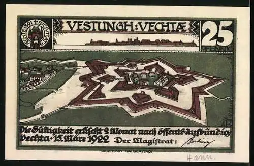 Notgeld Vechta 1922, 25 Pfennig, Festung und Reiterszene