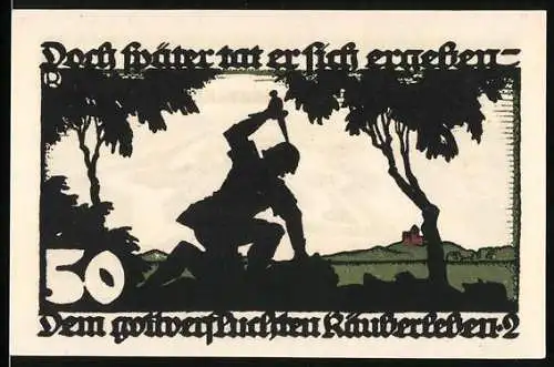 Notgeld Vechta, 1922, 50 Pfennig, Darstellung der Festung und eines Bauern mit erhobenem Messer