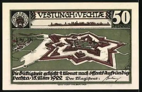 Notgeld Vechta, 1922, 50 Pfennig, Darstellung der Festung und eines Bauern mit erhobenem Messer