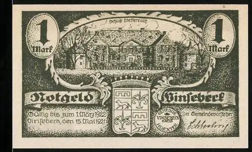 Notgeld Vinsebeck 1921, 1 Mark, Schloss Vinsbeck und Epitaph aus der Vinsbecker Kirche