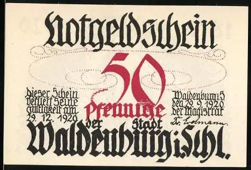 Notgeld Waldenburg, 1920, 50 Pfennig, Gedenkschein mit Mutter und Kindern - 50-jähriges Bestehen des Turnvereins