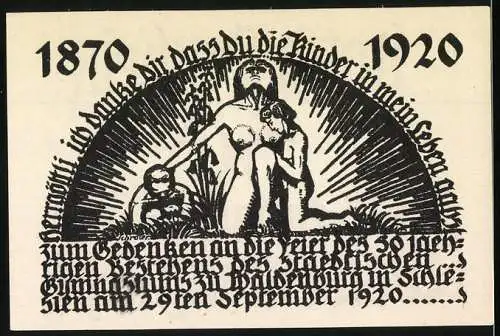 Notgeld Waldenburg, 1920, 50 Pfennig, Gedenkschein mit Mutter und Kindern - 50-jähriges Bestehen des Turnvereins