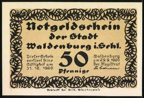 Notgeld Waldenburg 1920, 50 Pfennig, Schulgebäude und Jubiläumsfeier des Stadt-Gymnasiums, gültig bis 31.12.1920