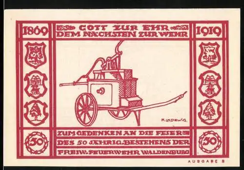 Notgeld Waldenburg, 1920, 50 Pfennig, Feuerwehrjubiläum mit Feuerwehrwagen und -pumpe, rot