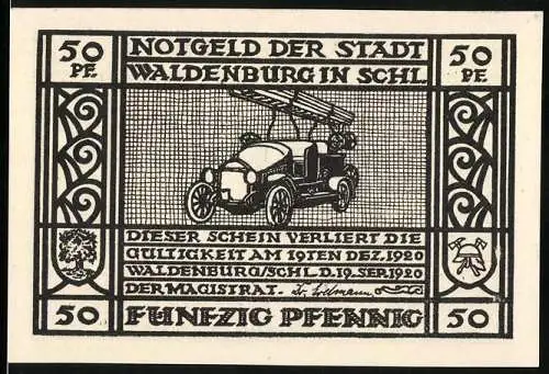 Notgeld Waldenburg in Schlesien, 1920, 50 Pfennig, Feuerwehrwagen und Feuerlöschpumpe, Gültigkeit bis 19. Dez. 1920