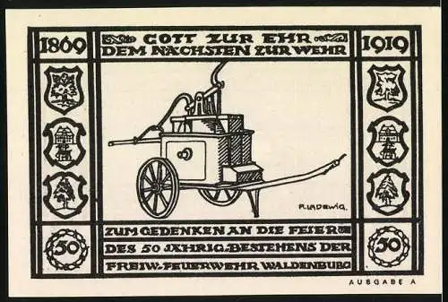 Notgeld Waldenburg in Schlesien, 1920, 50 Pfennig, Feuerwehrwagen und Feuerlöschpumpe, Gültigkeit bis 19. Dez. 1920