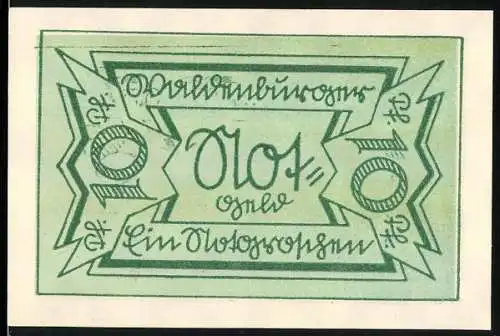 Notgeld Waldenburg 1921, 10 Pfennig, grüne Banknote mit handschriftlicher Gestaltung und Verfallsdatum