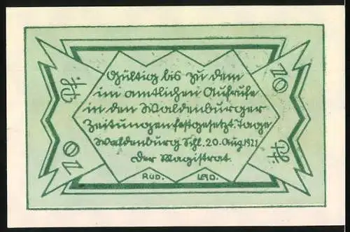 Notgeld Waldenburg 1921, 10 Pfennig, grüne Banknote mit handschriftlicher Gestaltung und Verfallsdatum