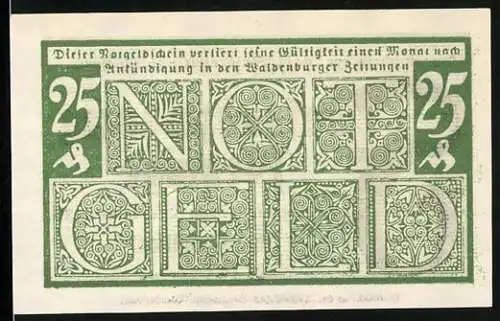 Notgeld Waldenburg 1920, 25 Pfennig, grün mit kunstvollem Schriftzug und Ornamentik