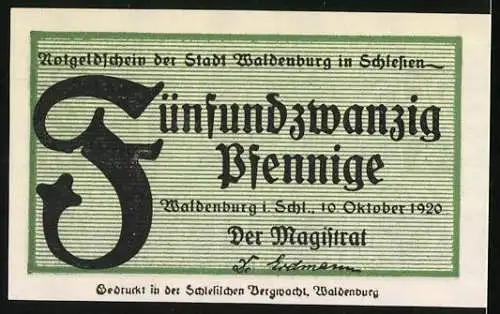 Notgeld Waldenburg 1920, 25 Pfennig, grün mit kunstvollem Schriftzug und Ornamentik