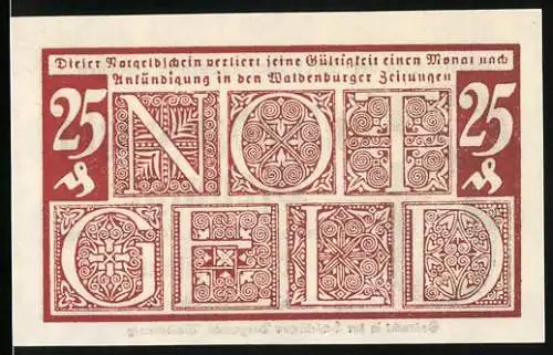 Notgeld Waldenburg, 1920, 25 Pfennig, rote Verzierungen und Schrift, Text zur Gültigkeit