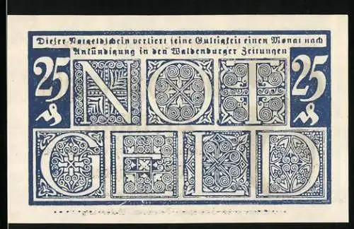 Notgeld Waldenburg, 1920, 25 Pfennig, kunstvolle Gestaltung mit blauem und schwarzem Drucktext