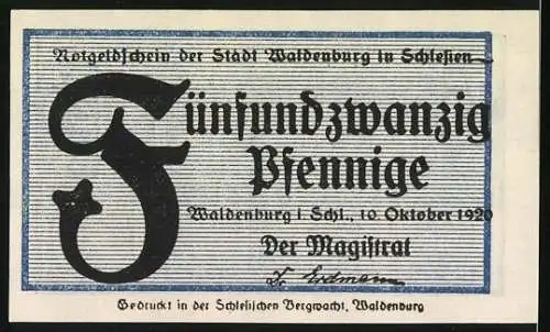 Notgeld Waldenburg, 1920, 25 Pfennig, kunstvolle Gestaltung mit blauem und schwarzem Drucktext