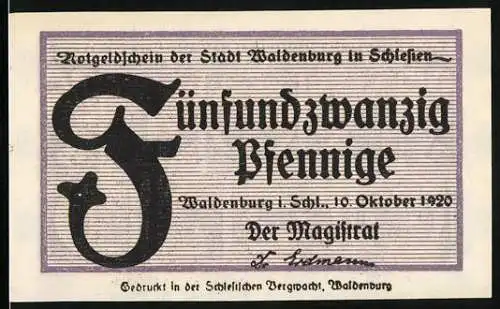 Notgeld Waldenburg 1920, 25 Pfennig, Fünfundzwanzig Pfennig, lila Verzierungen