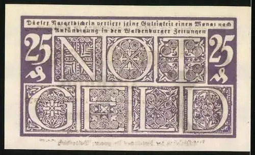 Notgeld Waldenburg 1920, 25 Pfennig, Fünfundzwanzig Pfennig, lila Verzierungen