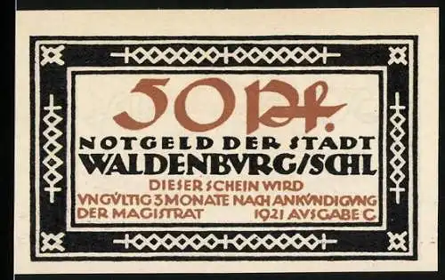 Notgeld Waldenburg / Schlesien 1921, 50 Pfennig, Stadtansicht und dekorative Umrandung