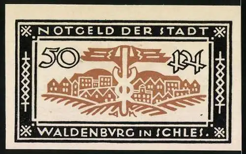 Notgeld Waldenburg / Schlesien 1921, 50 Pfennig, Stadtansicht und dekorative Umrandung