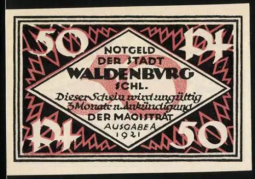 Notgeld Waldenburg, 1921, 50 Pfennig, Vorderseite Dieser Schein wird ungültig 5 Monate nach Ankündigung