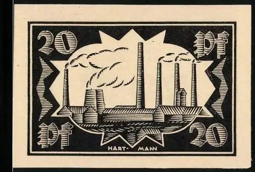 Notgeld Waldenburg 1921, 20 Pf, Industriemotiv und Magistratsausgabe