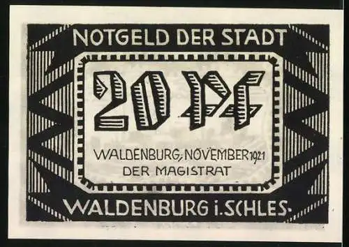 Notgeld Waldenburg 1921, 20 Pf, Stadtansicht mit Malakow-Schacht und Text Kraft