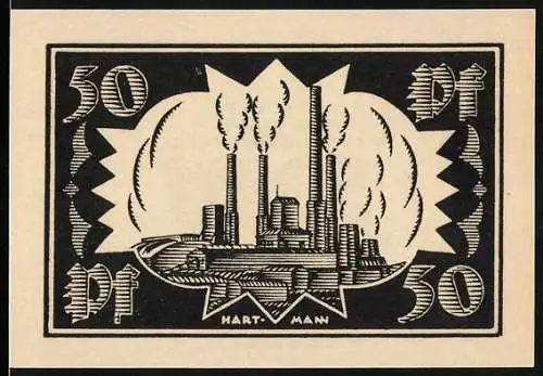 Notgeld Waldenburg, 1921, 50 Pf, Fabrik mit rauchenden Schornsteinen und Sternmotiv