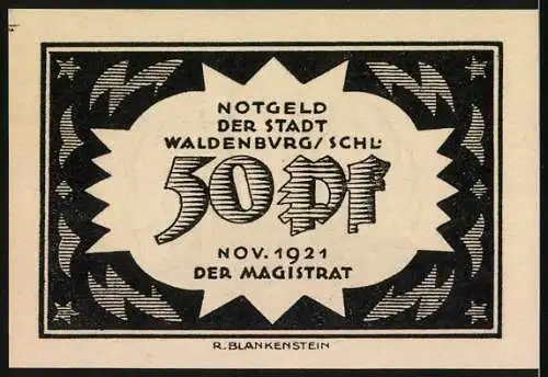 Notgeld Waldenburg, 1921, 50 Pf, Fabrik mit rauchenden Schornsteinen und Sternmotiv