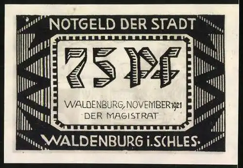 Notgeld Waldenburg, 1921, 75 Pf, Kristers Porzellanfabrik und Magistrat von Waldenburg i. Schlesien