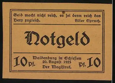 Notgeld Waldenburg Schlesien 1921, 10 Pfennig, Gültig bis zu den festgesetzten Tagen in Waldenburger Zeitungen