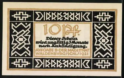 Notgeld Waldenburg Schlesien, 1921, 10 Pfennig, zwei Figuren und Eichenbaum, geometrische Muster