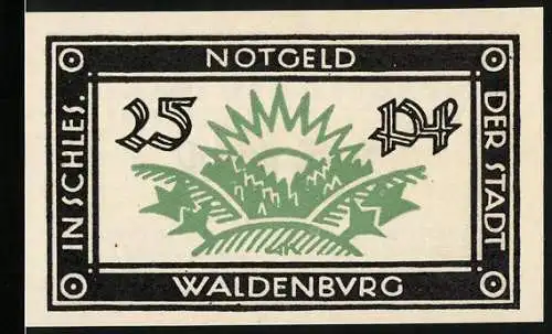Notgeld Waldenburg 1921, 25 Pfennig, Grün und Schwarz mit Stadtmotiv und Text