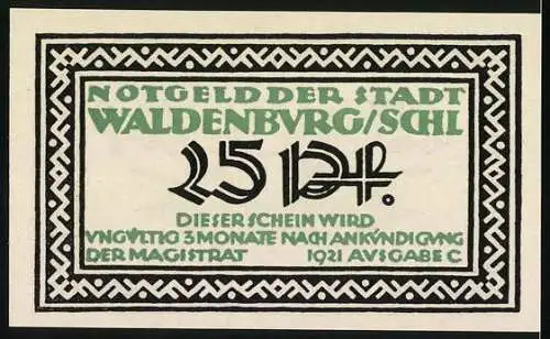 Notgeld Waldenburg 1921, 25 Pfennig, Grün und Schwarz mit Stadtmotiv und Text