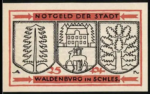 Notgeld Waldenburg in Schlesien 1921, 25 Pfennig, Wappen und Gebäudeabbildungen