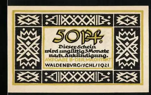 Notgeld Waldenburg 1921, 50 Pf, farbiger Schein mit Ziermustern und Baum-Motiv