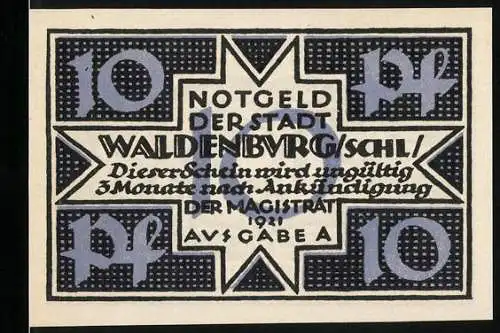 Notgeld Waldenburg / Schlesien, 1921, 10 Pf, Sternmotiv mit Text, Rückseite: Graphisches Muster mit Wert