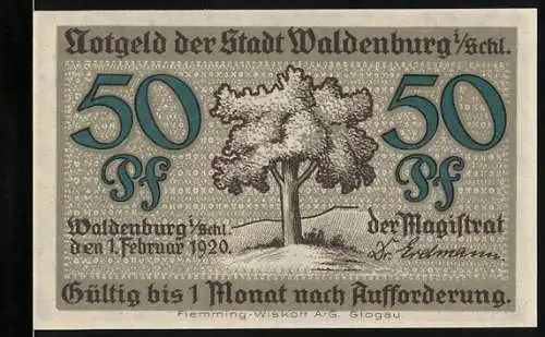 Notgeld Waldenburg 1920, 50 Pf, Baum und Bergleute mit Spruch Arbeit ist die Quelle allen Reichtums