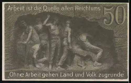 Notgeld Waldenburg 1920, 50 Pf, Baum und Bergleute mit Spruch Arbeit ist die Quelle allen Reichtums