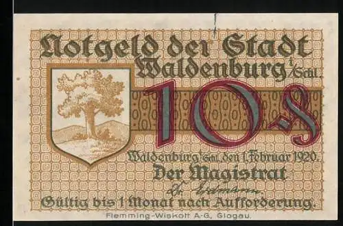 Notgeld Waldenburg, 1921, 10 Pfennig, Baumwappen und Bergarbeiter im Stollen