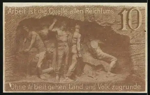 Notgeld Waldenburg, 1921, 10 Pfennig, Baumwappen und Bergarbeiter im Stollen