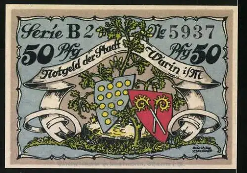 Notgeld Warin, 1921, 50 Pfennig, Stadtansicht und Wappen, Gültig bis 1. März 1922, Serie B 2 Nr. 5937