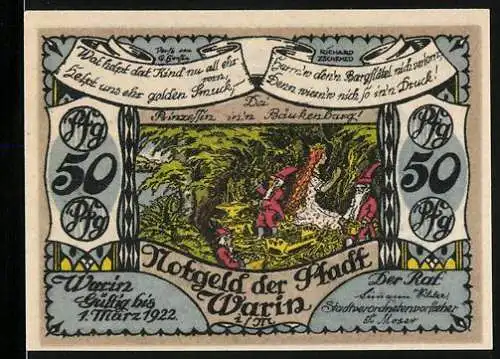 Notgeld Warin, 1922, 50 Pf, Illustration eines Märchens mit Wald und Figuren auf der Vorderseite, Wappen und Schlüssel