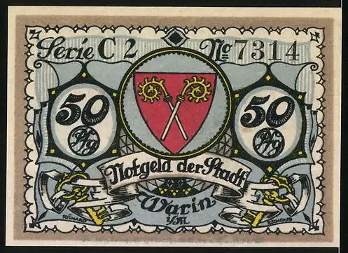 Notgeld Warin, 1922, 50 Pf, Illustration eines Märchens mit Wald und Figuren auf der Vorderseite, Wappen und Schlüssel