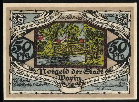 Notgeld Warin, 1921, 50 Pfennig, Brücke und Stadtwappen, Serie A2 Nr. 2514