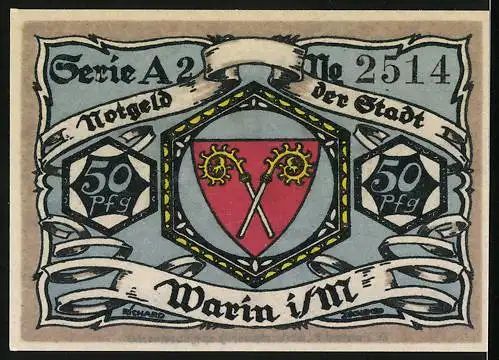 Notgeld Warin, 1921, 50 Pfennig, Brücke und Stadtwappen, Serie A2 Nr. 2514