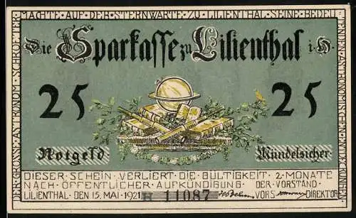 Notgeld Lilienthal 1921, 25 Pfennig, Sparkasse und Astronomen