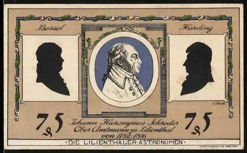 Notgeld Lilienthal, 1921, 75 Pfennig, Die Lilienthaler Astronomen, Johann Hieronymus Schroeter, Bessel und Harding