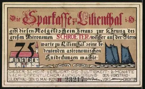 Notgeld Lilienthal, 1921, 75 Pfennig, Die Lilienthaler Astronomen, Johann Hieronymus Schroeter, Bessel und Harding